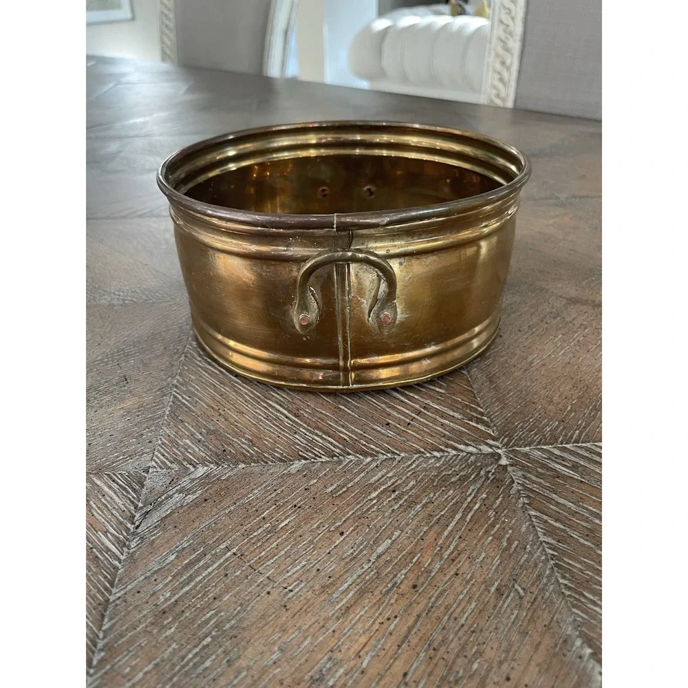 Vintage Solid Brass Round Planter Bowl with Handles 6.5